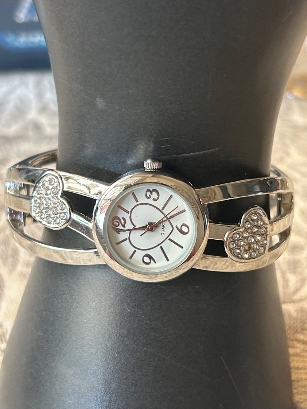 Heart Rhinestone Bangle Cuff Wrist Watch Quartz New Battery